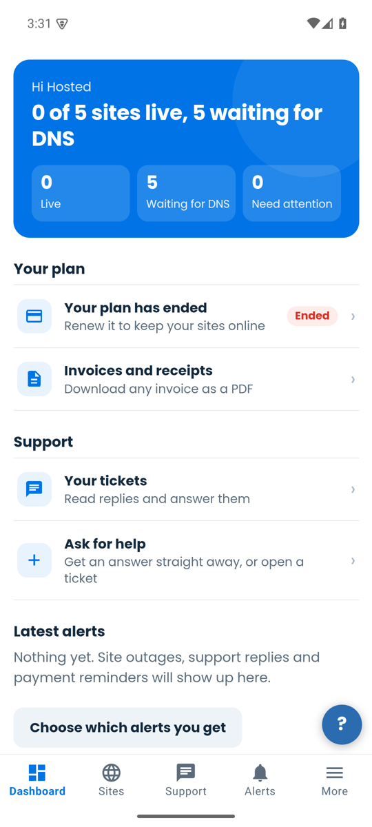 The app's dashboard: site status, plan, support and alerts