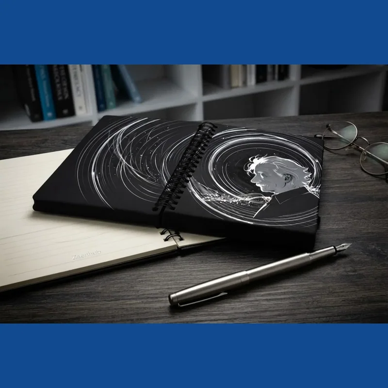 Custom conceptual digital illustration of a famous physicist