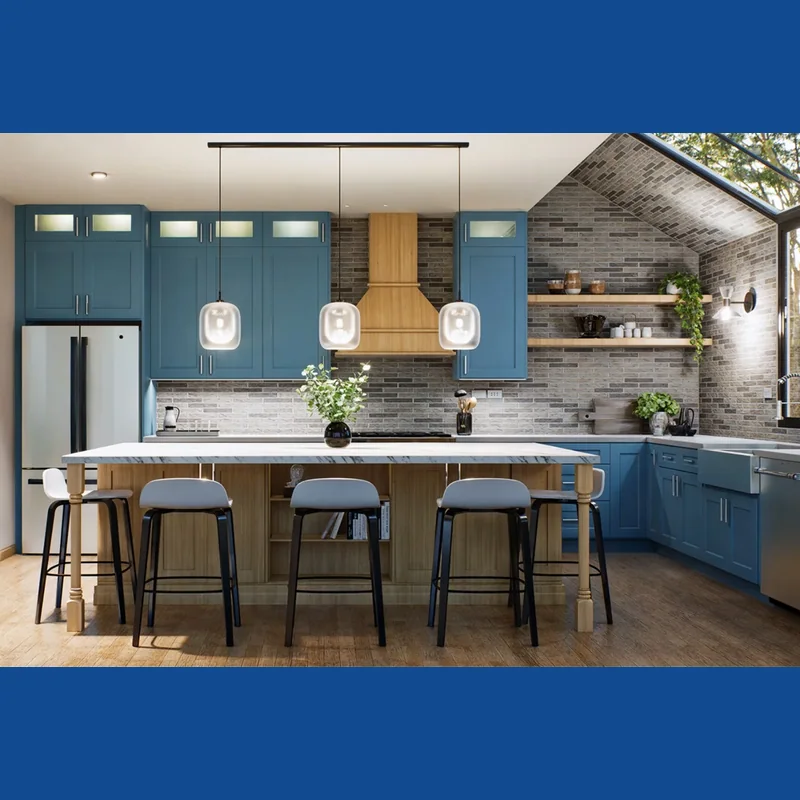 Professional 3D kitchen design with floor plans, renders, and material specifications