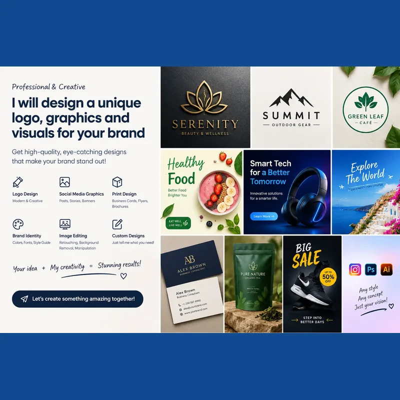 Professional logo design, brand identity, and social media graphics